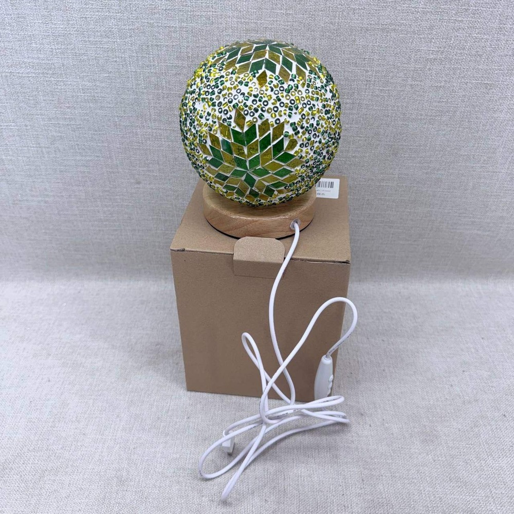 Green Mosaic Glass Snowflake Table Lamp Wood Base Bohemian Accent Light New